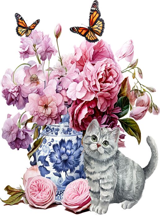 Grey Kitten Flowers Vase Butterflies