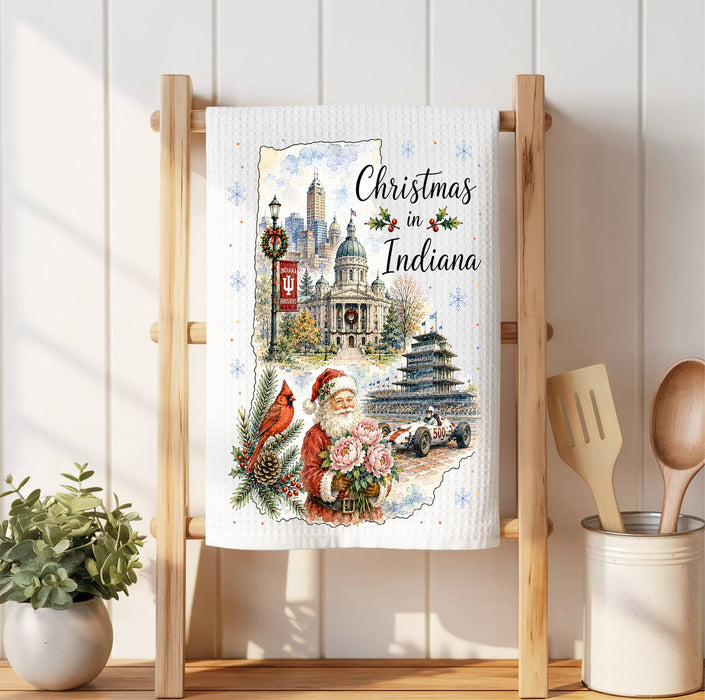 Christmas in Indiana State Map Waffle Weave Towel