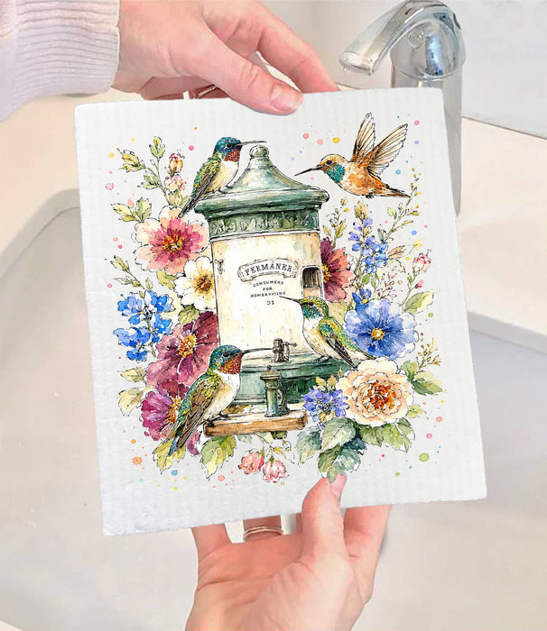 Spring Hummingbirds Flowers Feeder Swedish Dishcloth