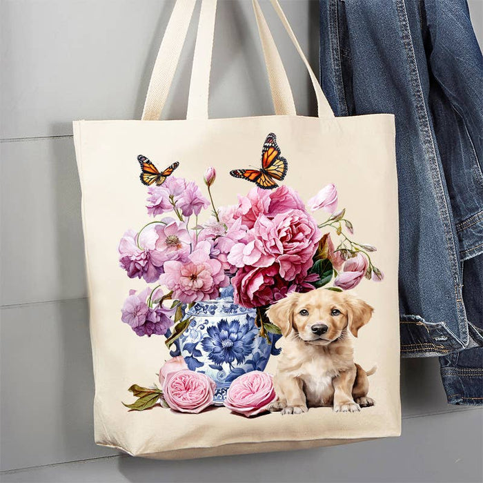 Golden Retreiver Puppy Vase Flowers Canvas Tote Bag