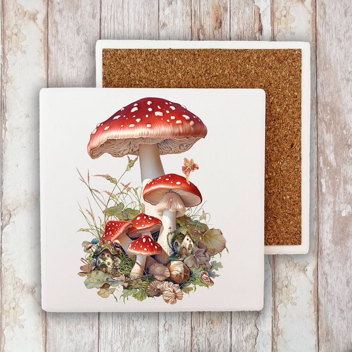Red & White Mushrooms Faires Stone Coaster