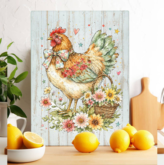 Watercolor Country Hen Flowers Glass Cutting Board