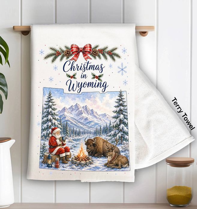 Christmas in Wyoming State Map Kitchen Terry Towel