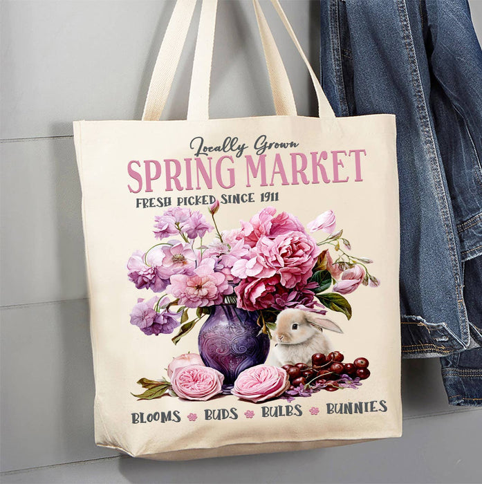 Spring Market Flowers Bunny Canvas Tote Bag
