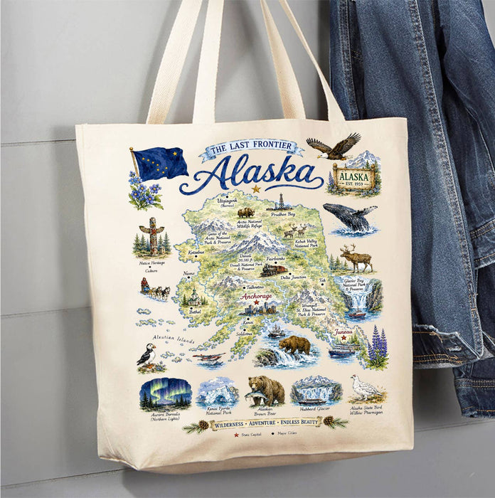Alaska State Map Landmark Canvas Tote Bag