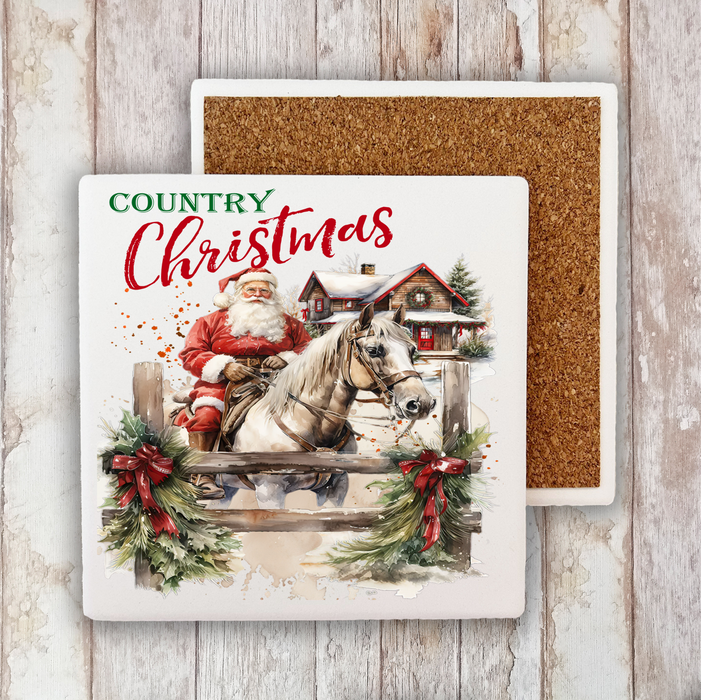Country Christmas Santa Riding Horse Stone Coaster