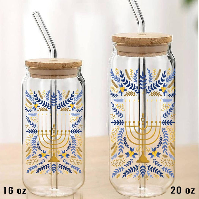 Hanukkah Menorah Flowers Can Glass with Lid Straw