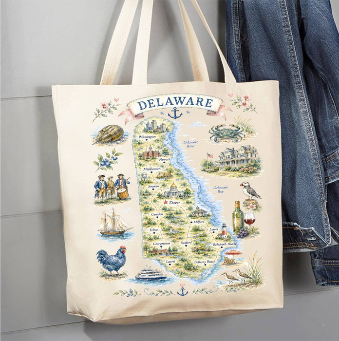 Delaware State Map Landmark Canvas Tote Bag