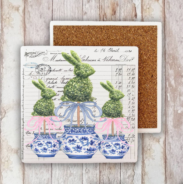 Easter Blue and White Topiary Vintage Stone Coaster