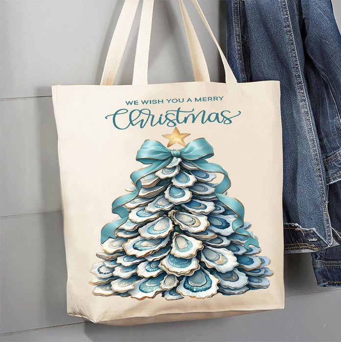 Coastal Christmas Oyster Tree Canvas Tote Bag