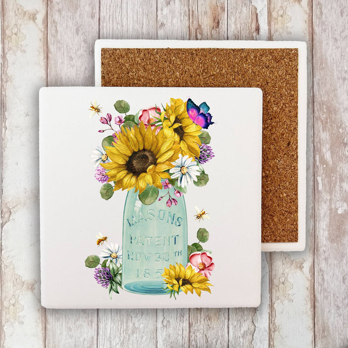 Country Mason Jar Sunflowers Stone Coaster