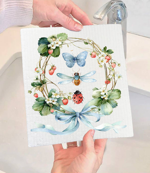 Strawberry Wreath Butterfly Ladybug Swedish Dishcloth