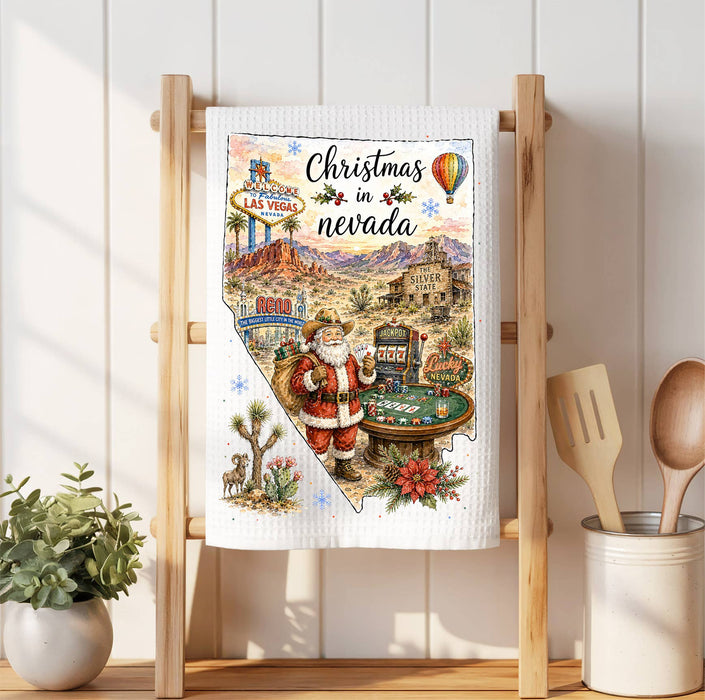 Christmas in Nevada State Map Waffle Weave Towel