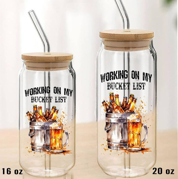 Working on My Bucket List Can Glass with Lid Straw