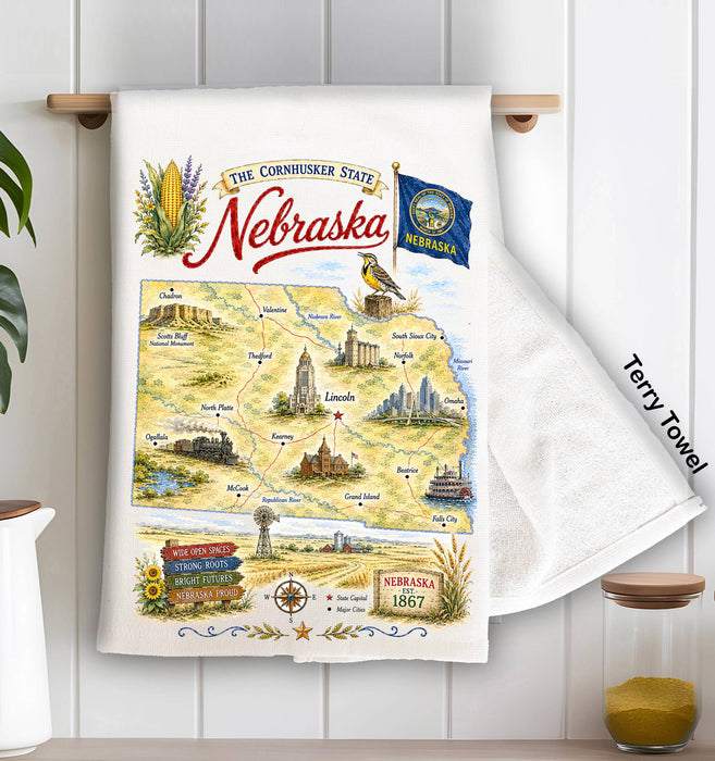 Nebraska State Map Landmark Kitchen Terry Towel