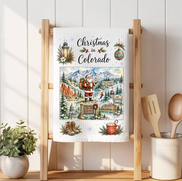 Christmas in Colorado State Map Waffle Weave Towel