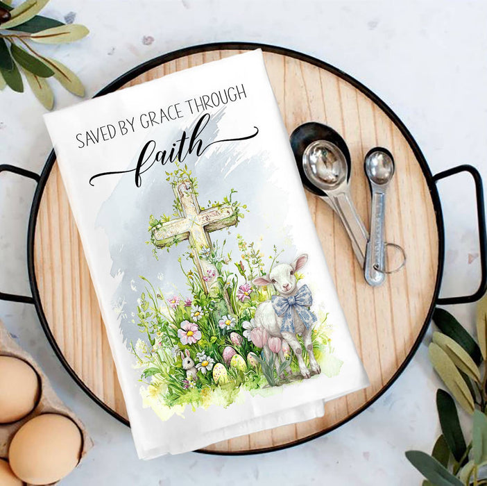 Saved by Grace Easter Lamb Cross Tea Towel