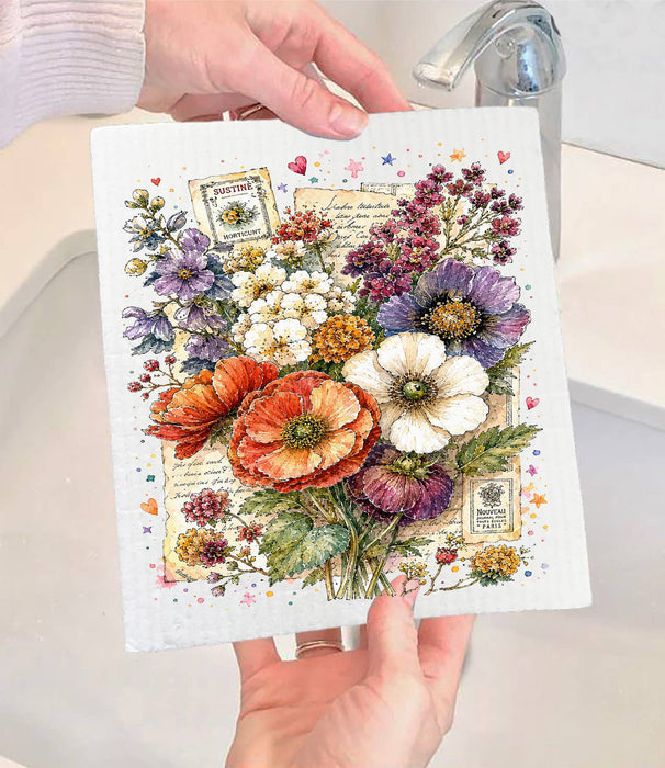 Vintage Watercolor Flowers Swedish Dishcloth