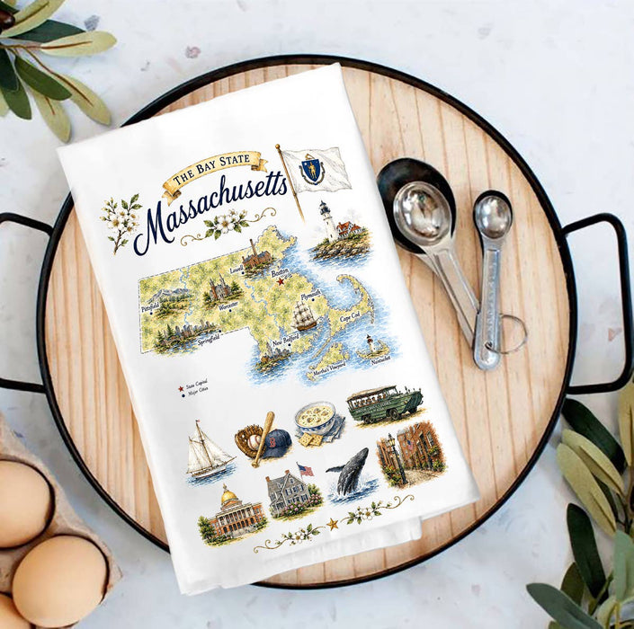 Massachusetts State Map Landmark Tea Towel