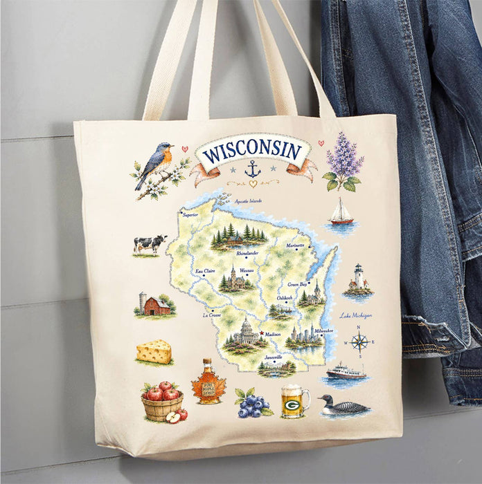 Wisconsin State Map Landmark Canvas Tote Bag
