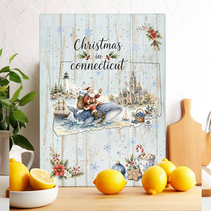 Christmas in Connecticut State Map Glass Cutting Board