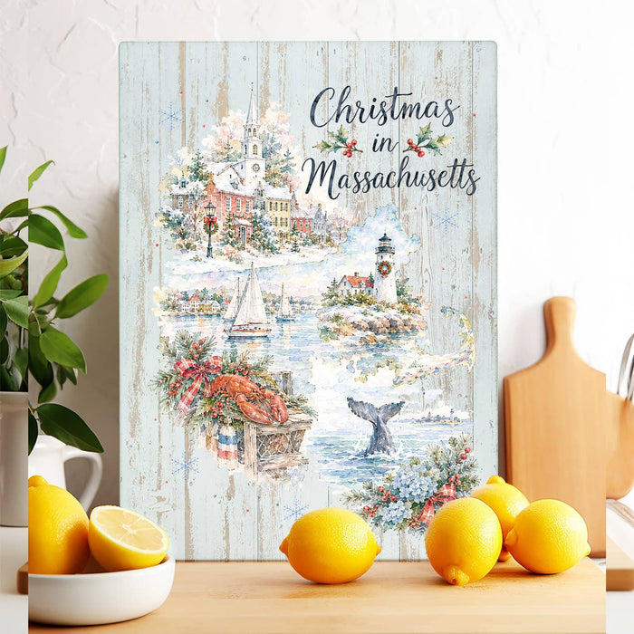 Christmas in Massachusetts State Map Glass Cutting Board