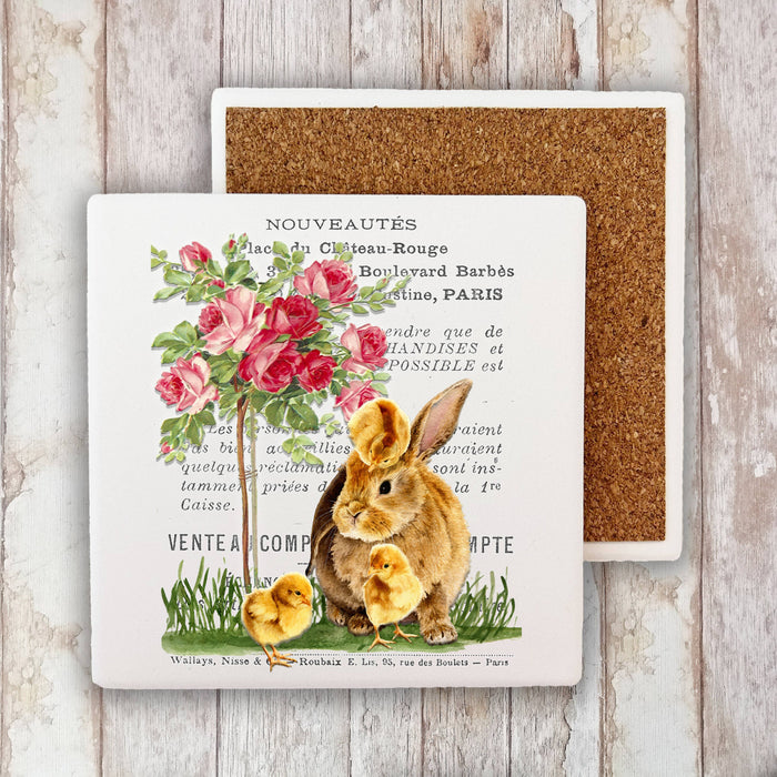 Vintage French Bunny Chicks Roses Stone Coaster