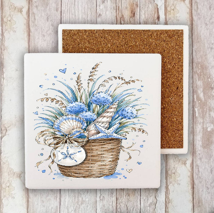 Coastal Blue Baskets of Shells Bouquet Stone Coaster