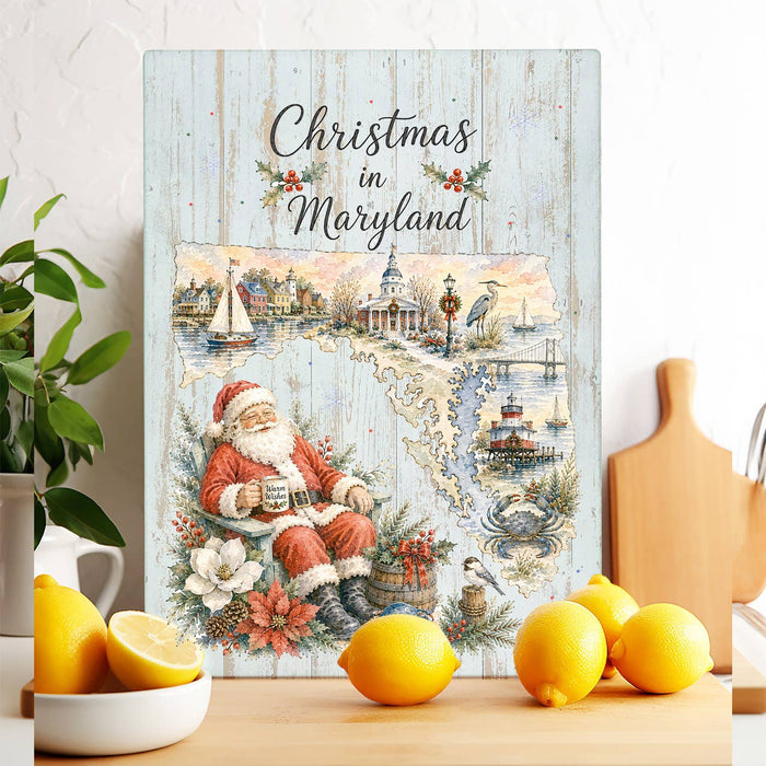 Christmas in Maryland State Map Glass Cutting Board