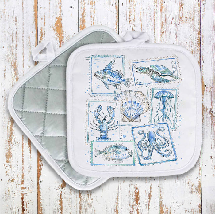 Coastal Blue Ocean Vintage Stamps Pot Holder