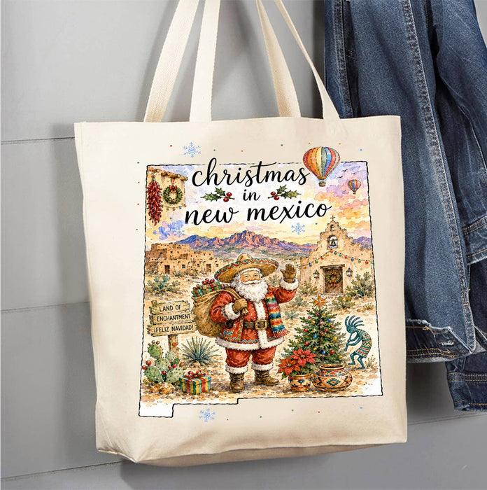 Christmas in New Mexico State Map Canvas Tote Bag