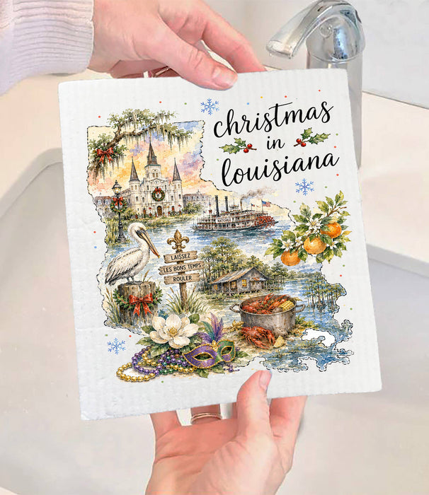 Christmas in Louisiana State Map Swedish Dishcloth