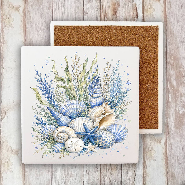 Coastal Blue Sea Shells Bouquet Stone Coaster