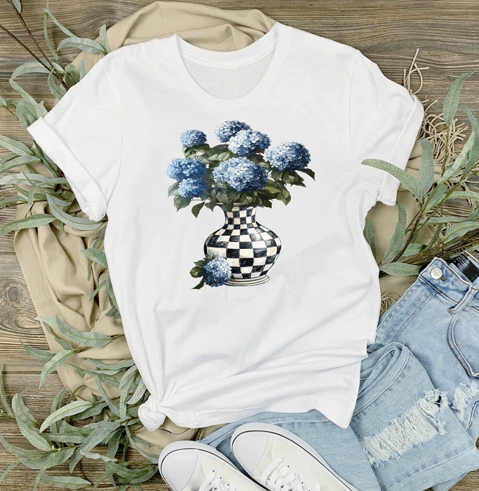 Checkered Vase with Blue Hydrangeas T-Shirt