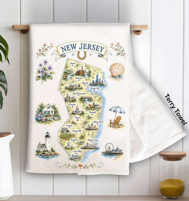 New Jersey State Map Landmark Kitchen Terry Towel
