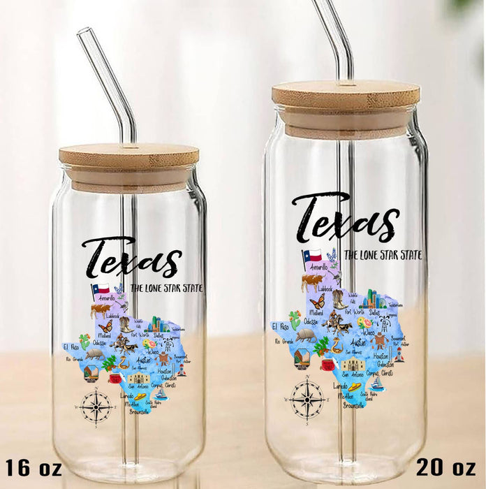 Texas State Map Can Glass with Lid and Straw
