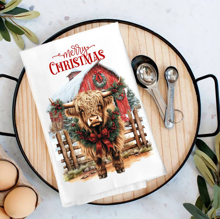 Christmas Highland Cow Barn Western Tea Towel