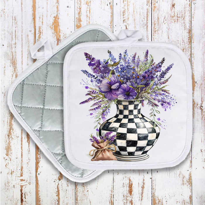 Checkered Vase with Lavender Pot Holder Oven Mitt