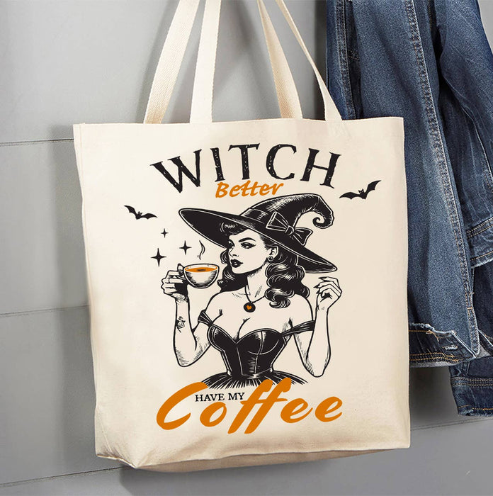 Halloween Retro Witch Better Coffee Canvas Tote Bag