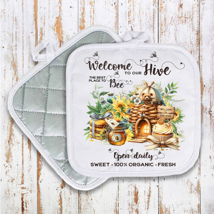 Welcome to Our Hives bees Pot Holder Oven Mitt