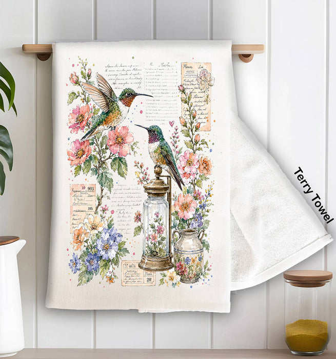 Vintage Flowers Hummingbirds Kitchen Terry Towel
