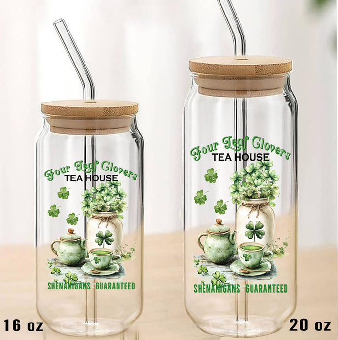 St. Patrick's Day Tea House Can Glass with Lid Straw
