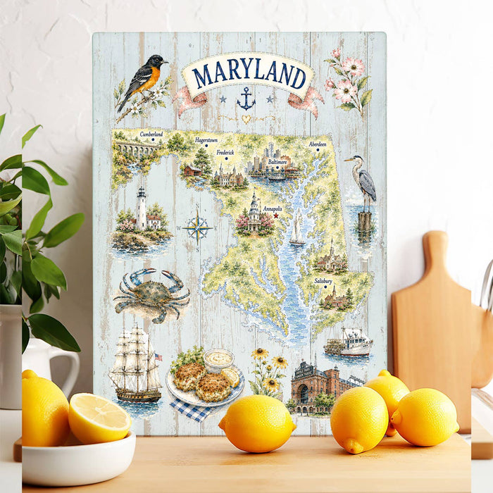 Maryland State Map Landmark Glass Cutting Board