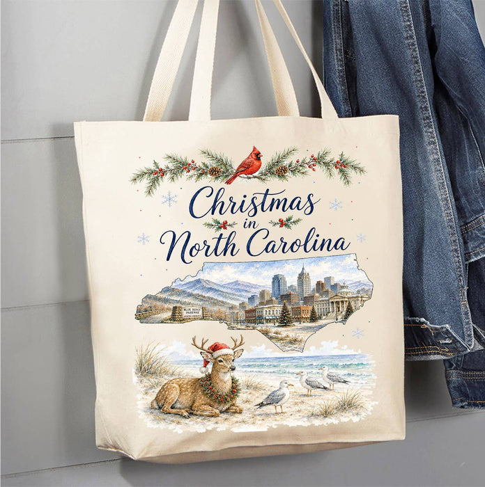 Christmas in North Carolina State Map Canvas Tote Bag