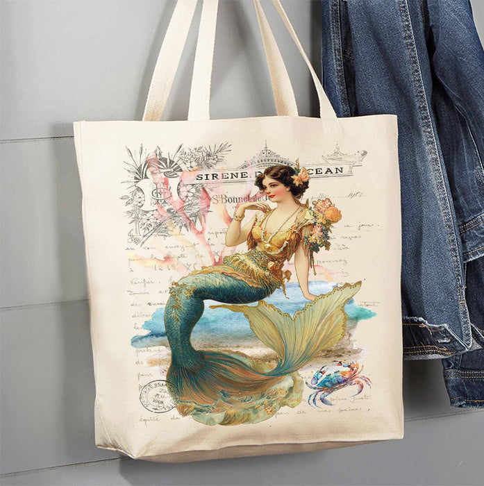 Vintage French Mermaids Ocean Canvas Tote Bag