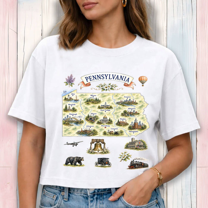 Pennsylvania State Map Landmark Cropped T-Shirt