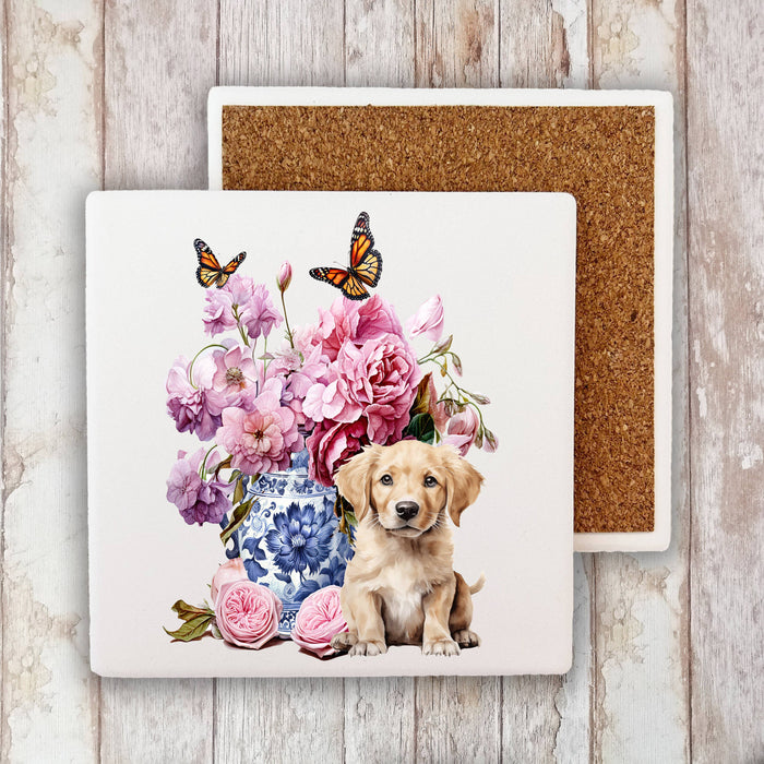 Golden Retreiver Puppy Vase Flowers Stone Coaster