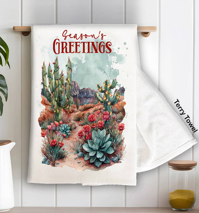 Christmas Seasons Greeting Desert Cactus Kitchen Terry Towel