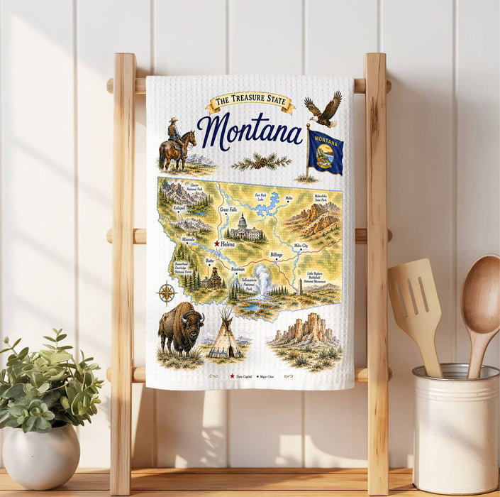 Montana State Map Landmark Waffle Weave Towel