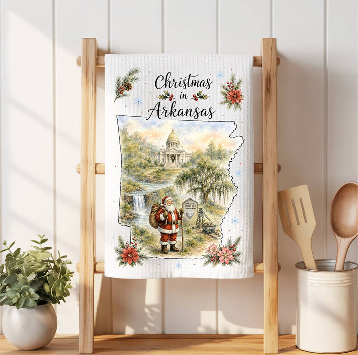 Christmas in Arkansas State Map Waffle Weave Towel